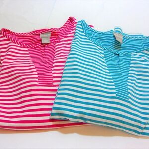 Chico's Size 1 S-M Top Pink Blue White Striped Rolled Sleeves  Lot of 2  Shirts